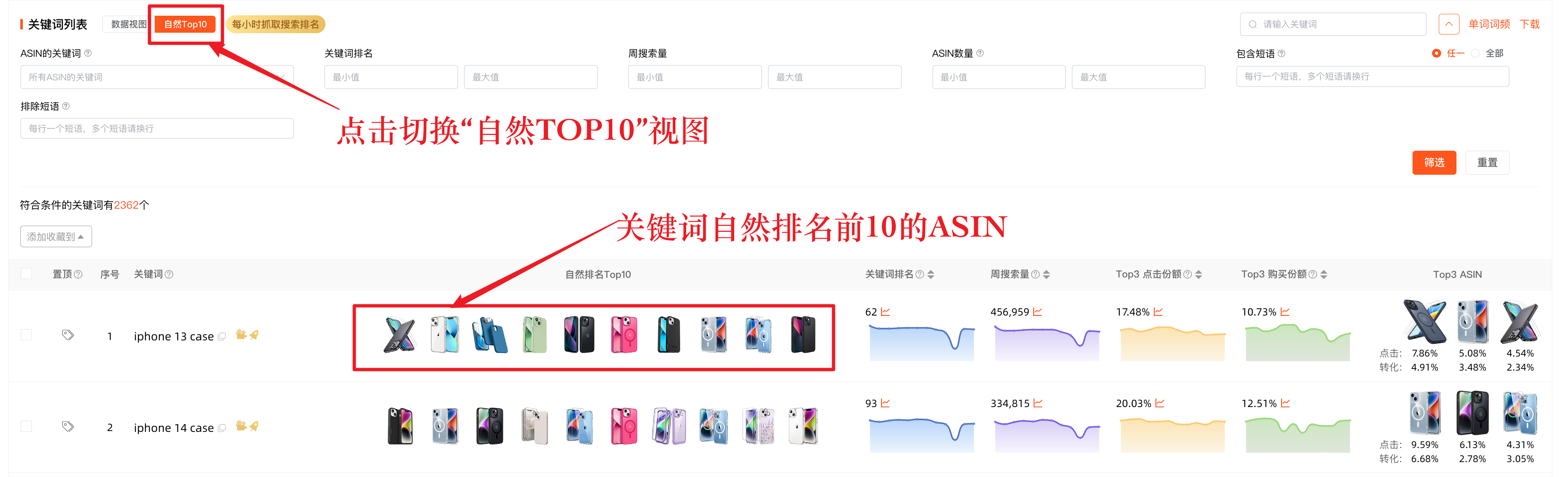 多ASIN对比--关键词列表--自然TOP10视图